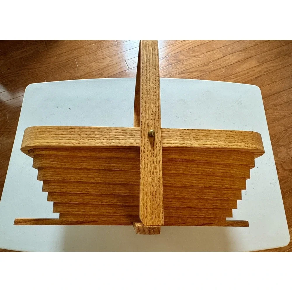 MCM Folding Collapsible Rectangle Wooden Fruit Basket With Handle Walter B Holts